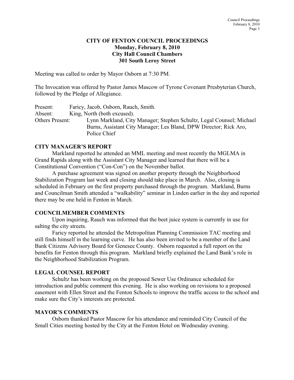 City of Fenton Council Proceedings