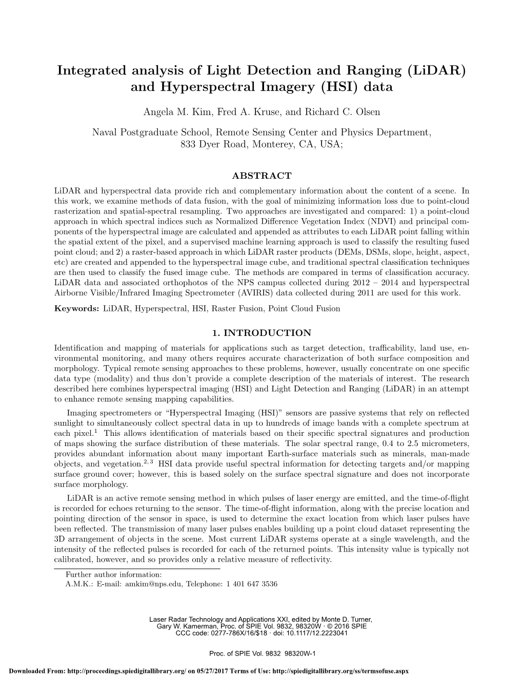 (Lidar) and Hyperspectral Imagery (HSI) Data