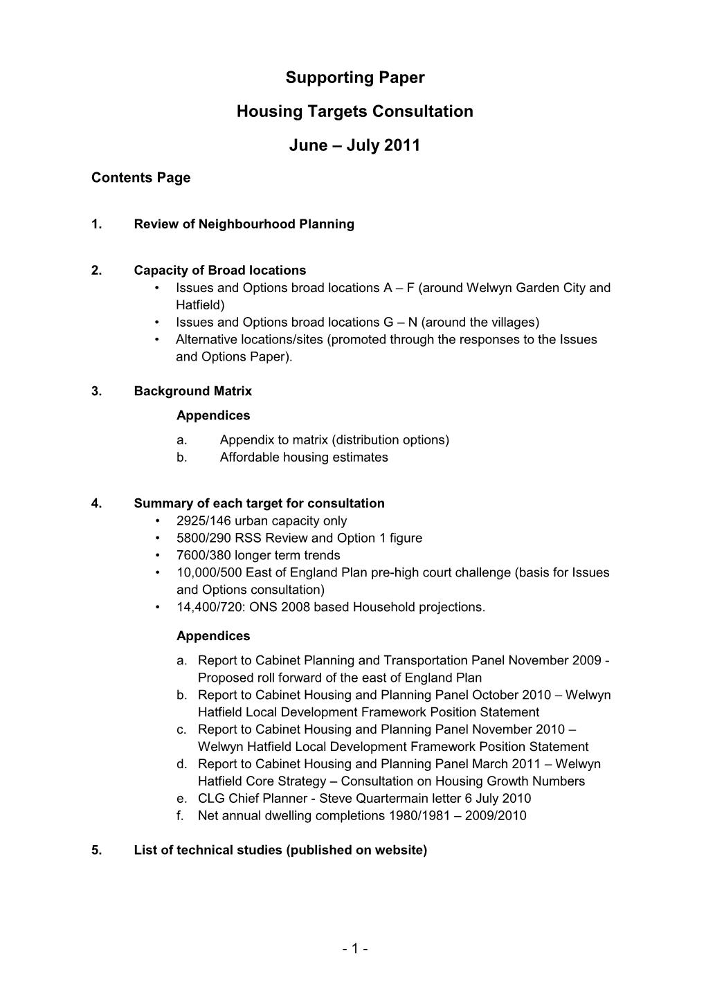 Supporting Paper Housing Targets Consultation June – July 2011