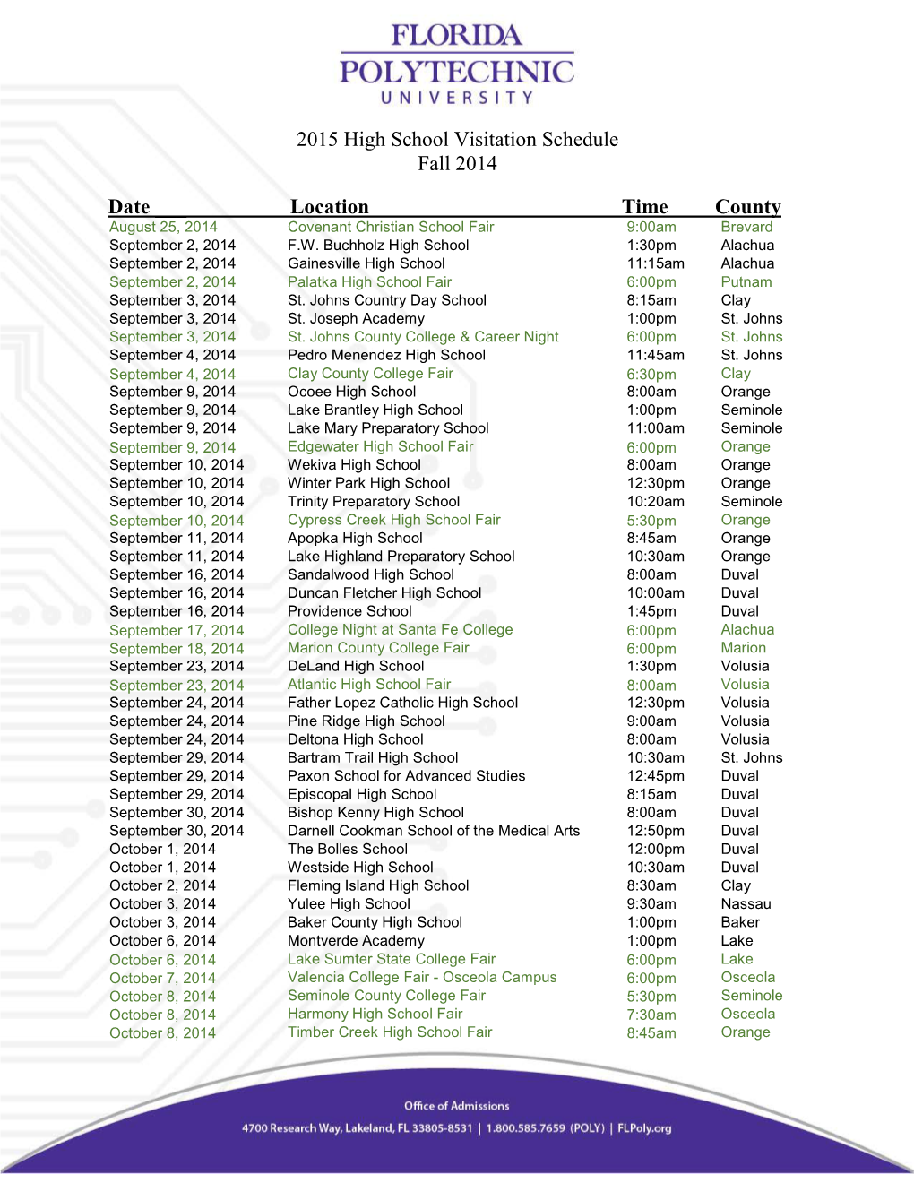 2015 High School Visitation Schedule Fall 2014 Date ___ Location Time