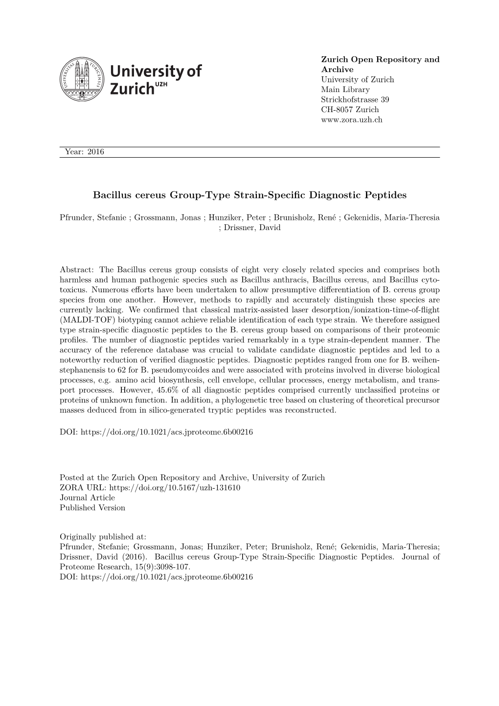 Bacillus Cereus Group-Type Strain-Specific Diagnostic Peptides
