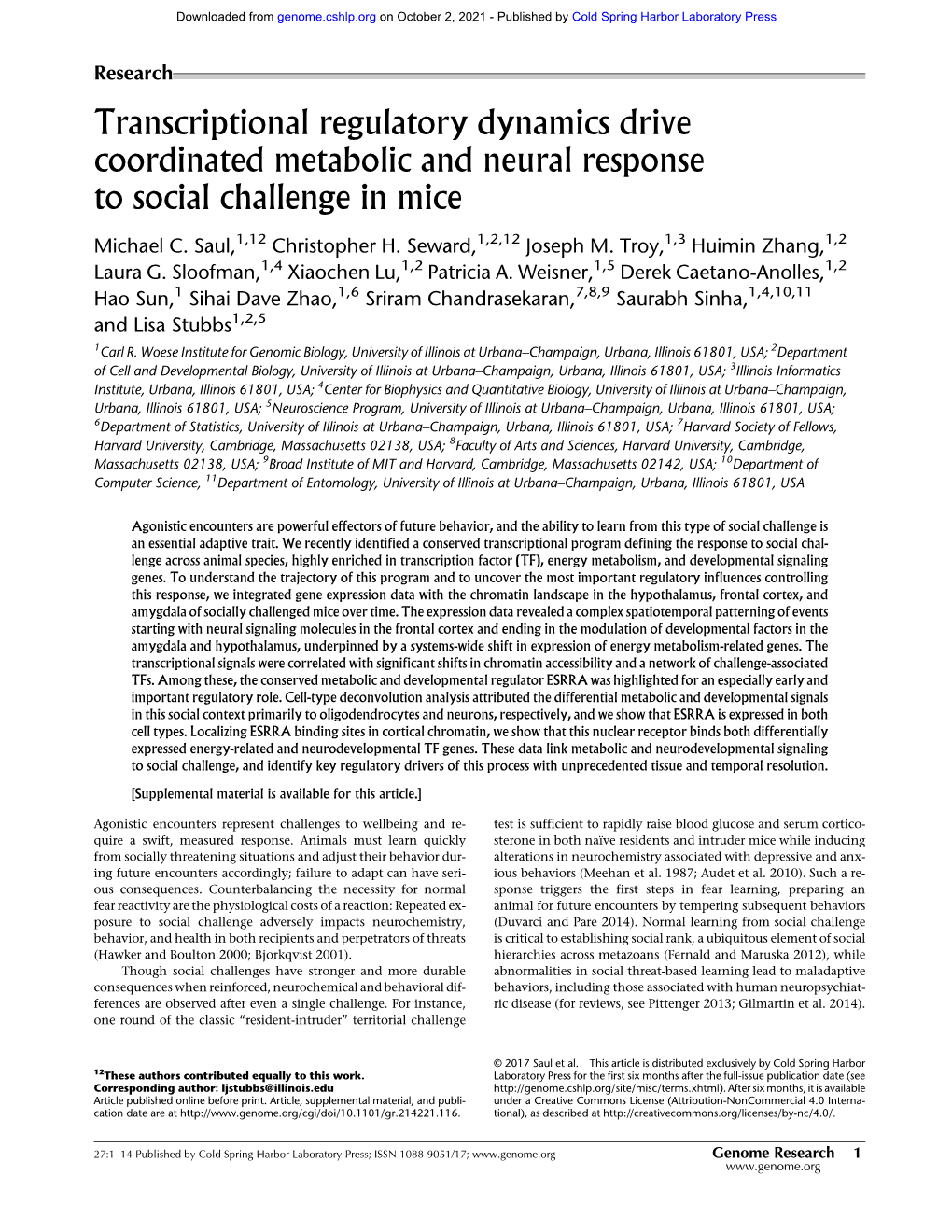 Transcriptional Regulatory Dynamics Drive Coordinated Metabolic and Neural Response to Social Challenge in Mice