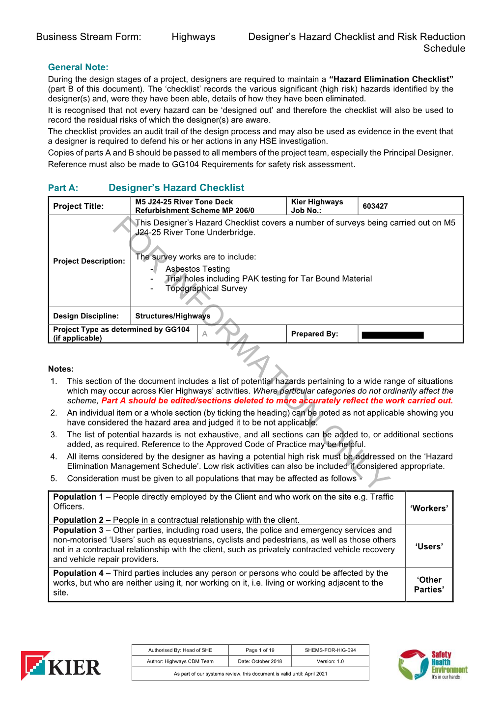 Designer's Hazard Identification and Hazard Elimination Checklist (CDM