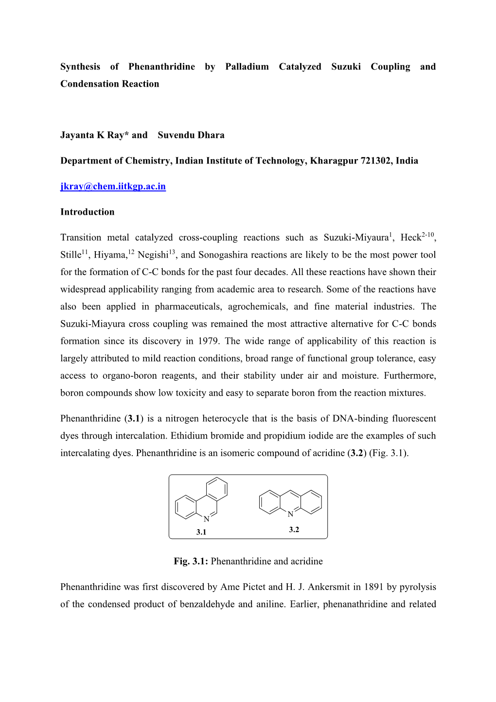 Synthesis of Phenanthridine by Palladium Catalyzed Suzuki Coupling and Condensation Reaction