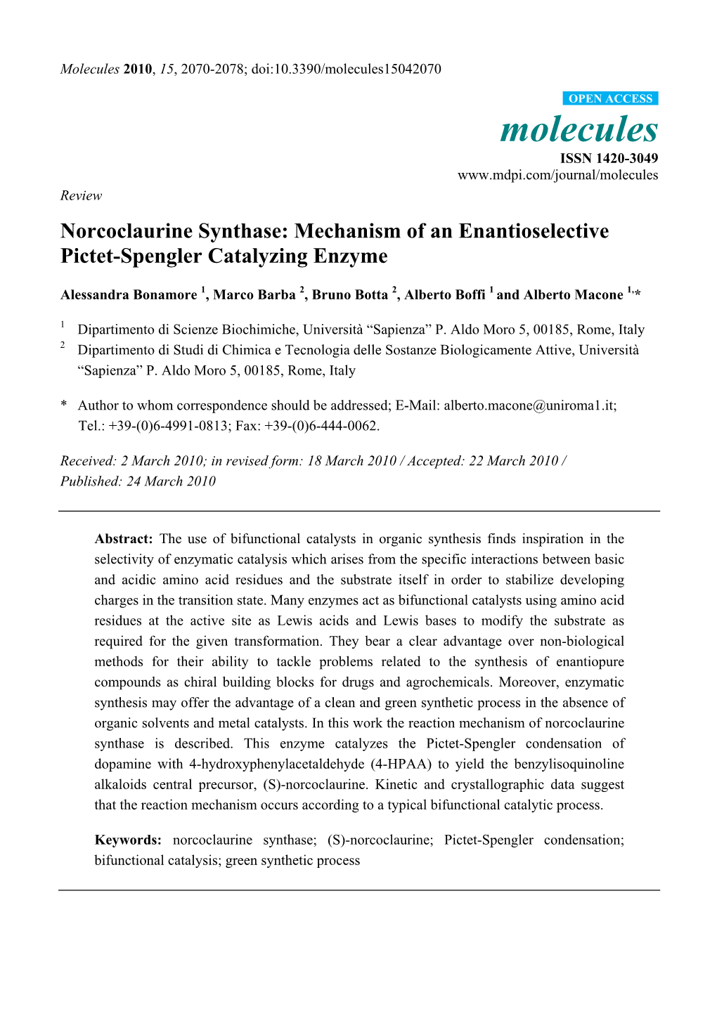 Norcoclaurine Synthase: Mechanism of an Enantioselective Pictet-Spengler Catalyzing Enzyme