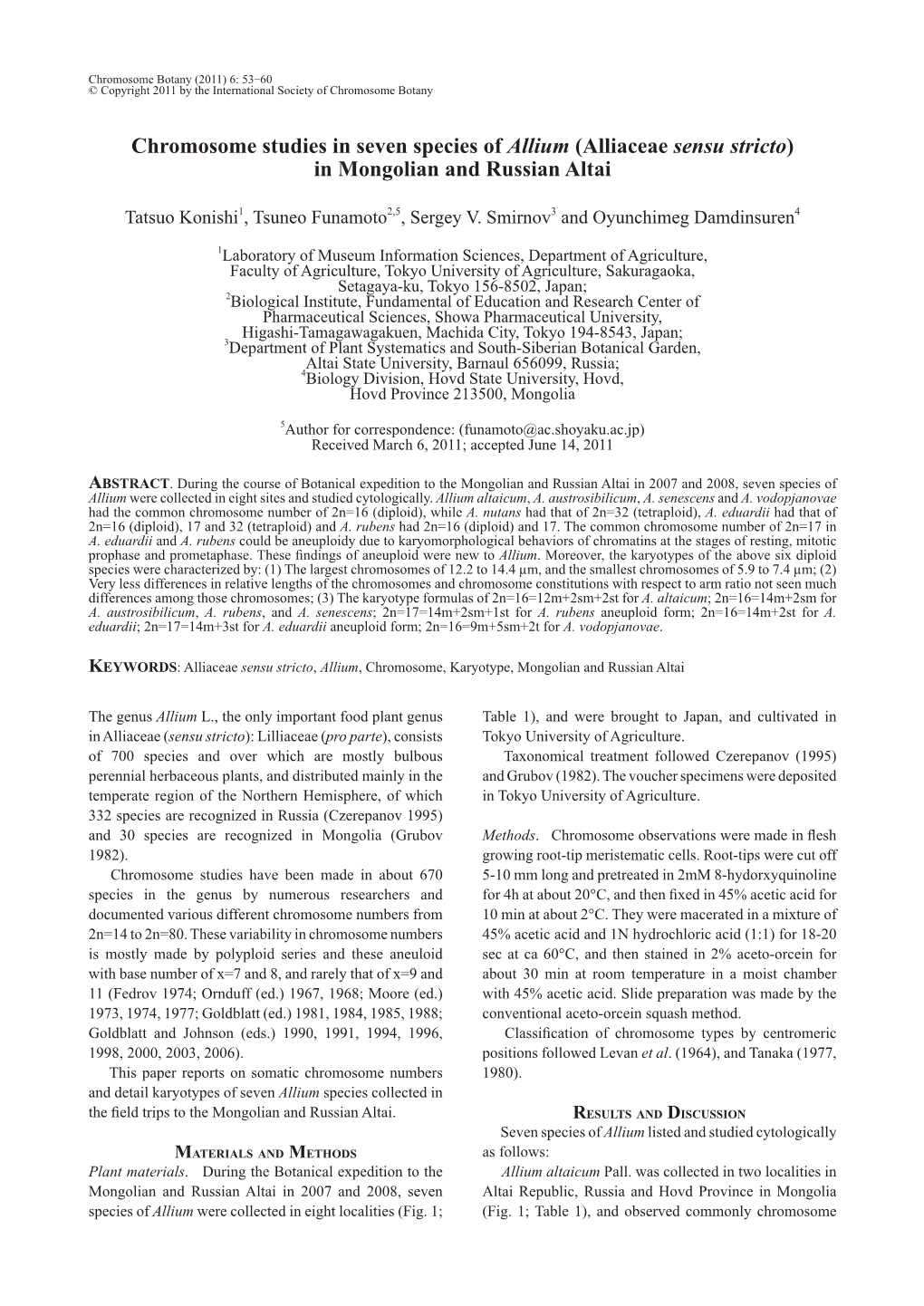 Chromosome Studies in Seven Species of Allium (Alliaceae Sensu Stricto) in Mongolian and Russian Altai