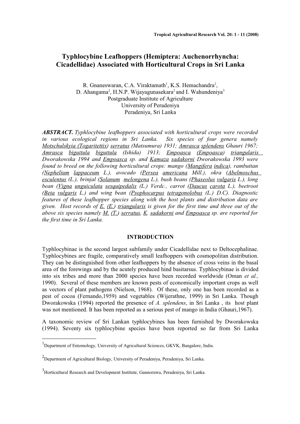 Typhlocybine Leafhoppers (Hemiptera: Auchenorhyncha: Cicadellidae) Associated with Horticultural Crops in Sri Lanka