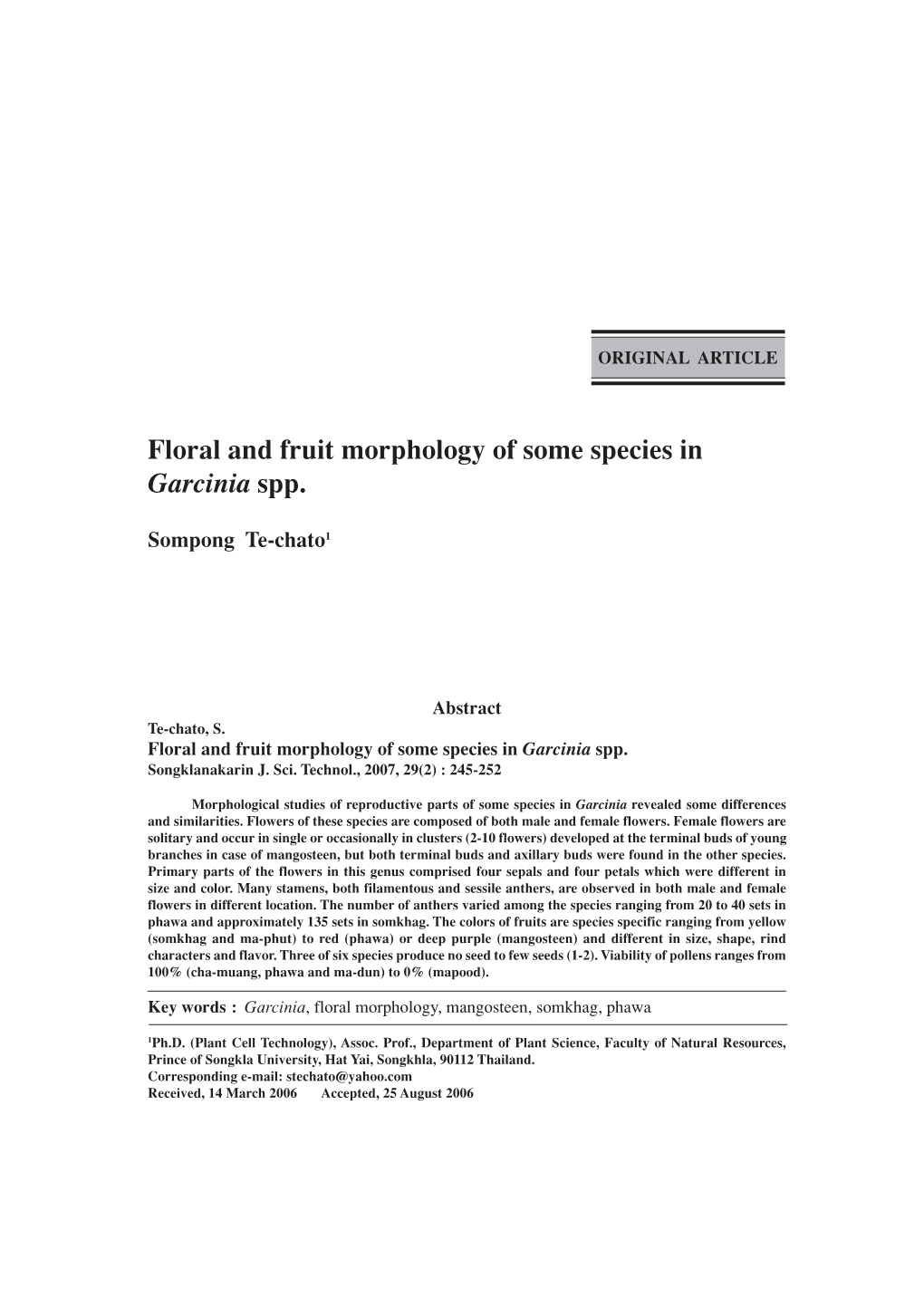 Floral and Fruit Morphology of Some Species in Garcinia Spp