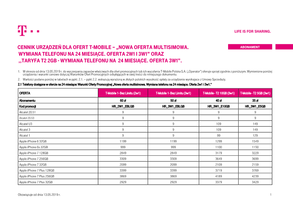 Cennik Urządzeń Dla Ofert T-Mobile – „Nowa Oferta Multisimowa. Wymiana Telefonu Na 24 Miesiące