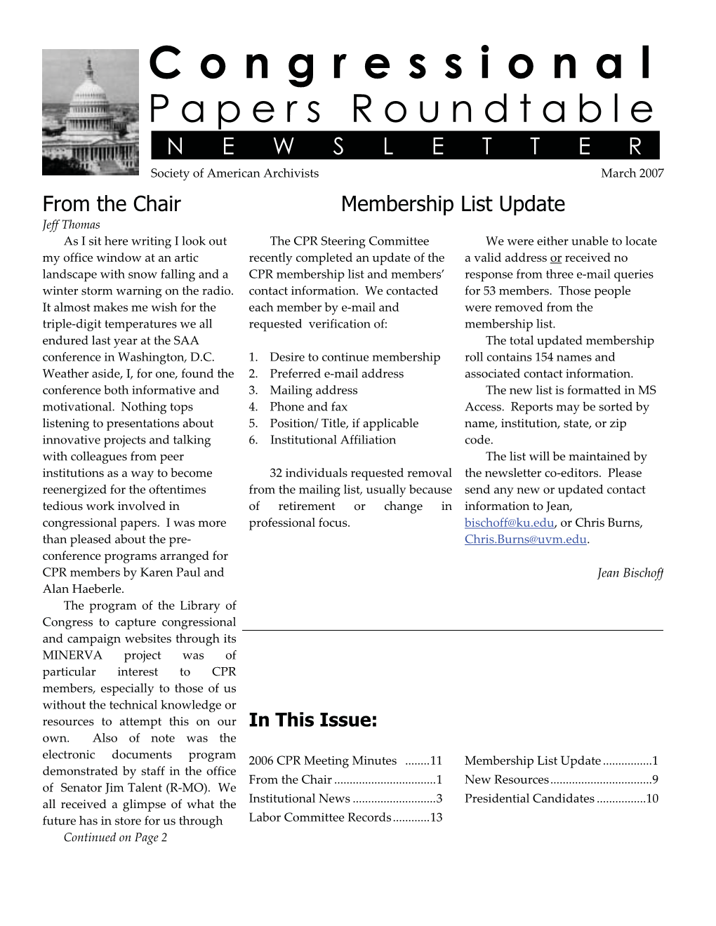 Congressional Papers Roundtable NEWSLETTER