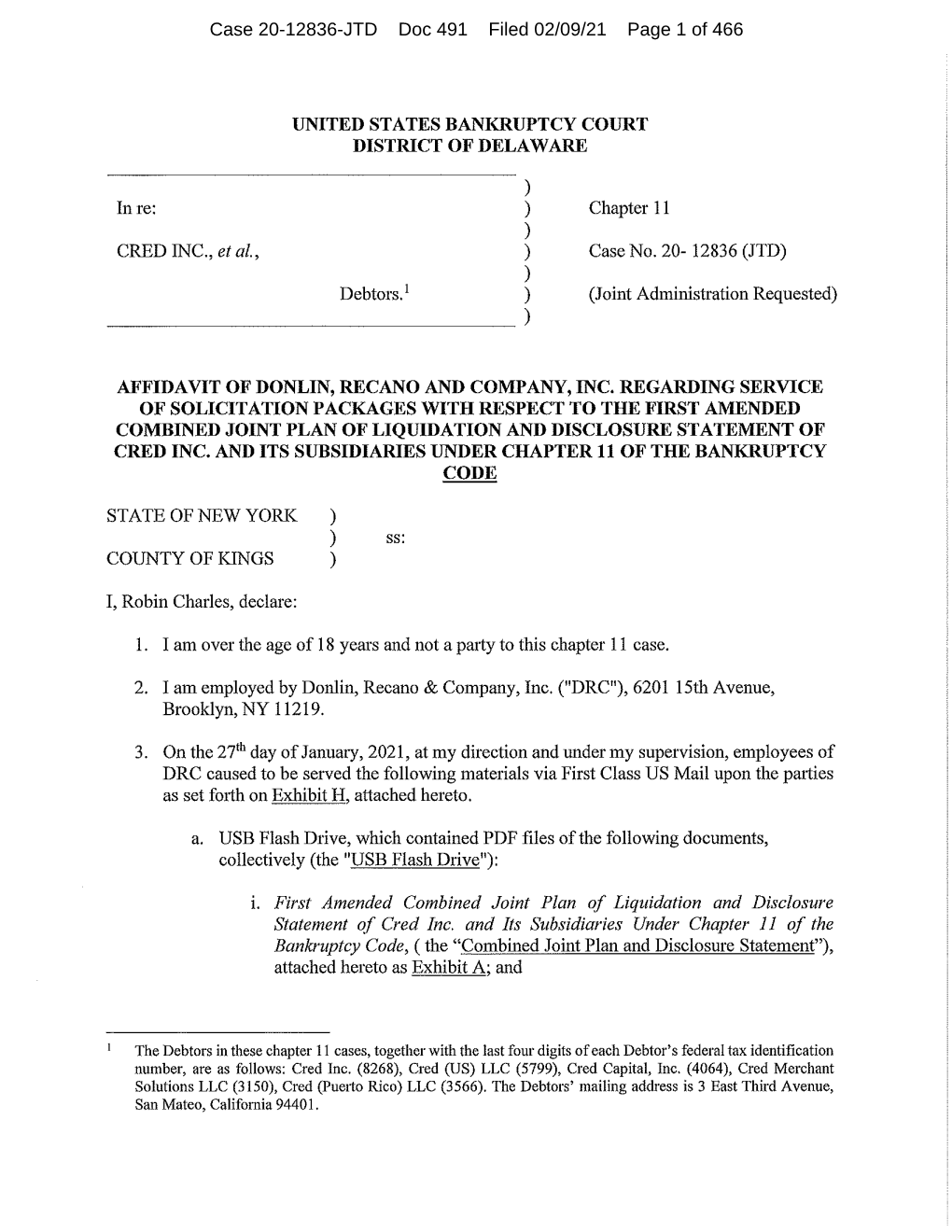 Case 20-12836-JTD Doc 491 Filed 02/09/21 Page 1 Of