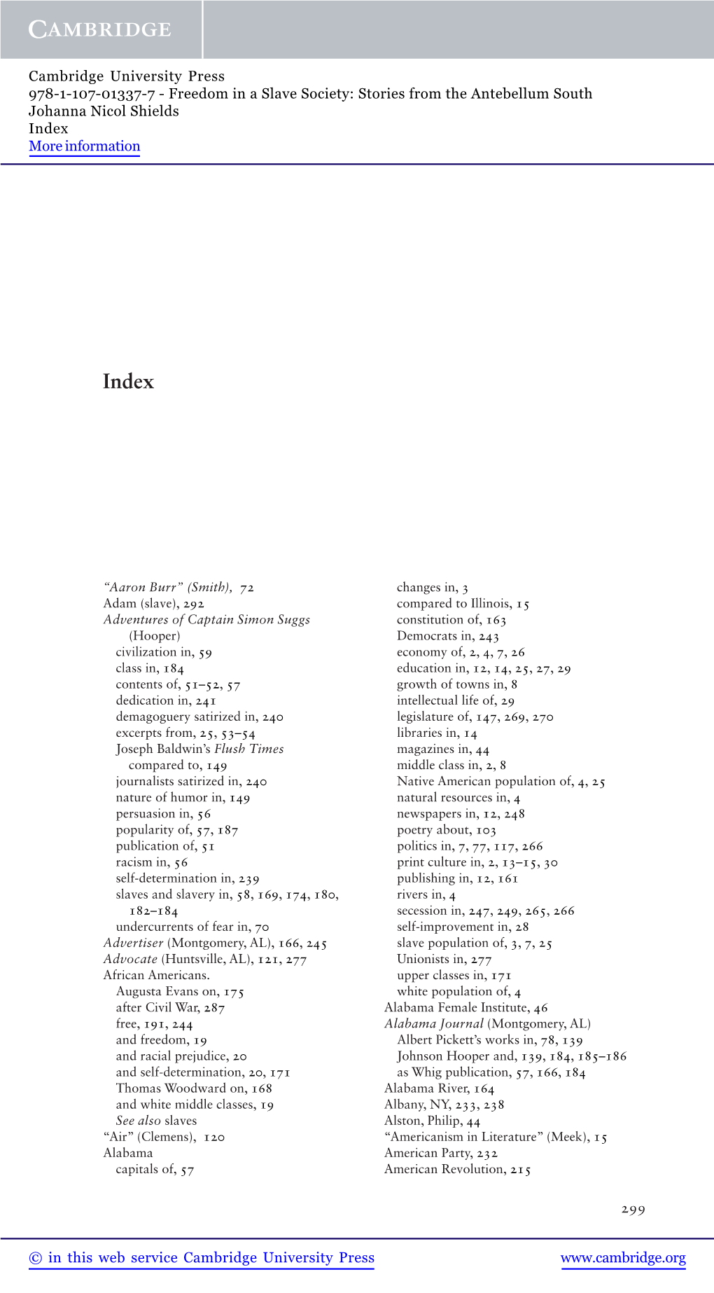 Freedom in a Slave Society: Stories from the Antebellum South Johanna Nicol Shields Index More Information