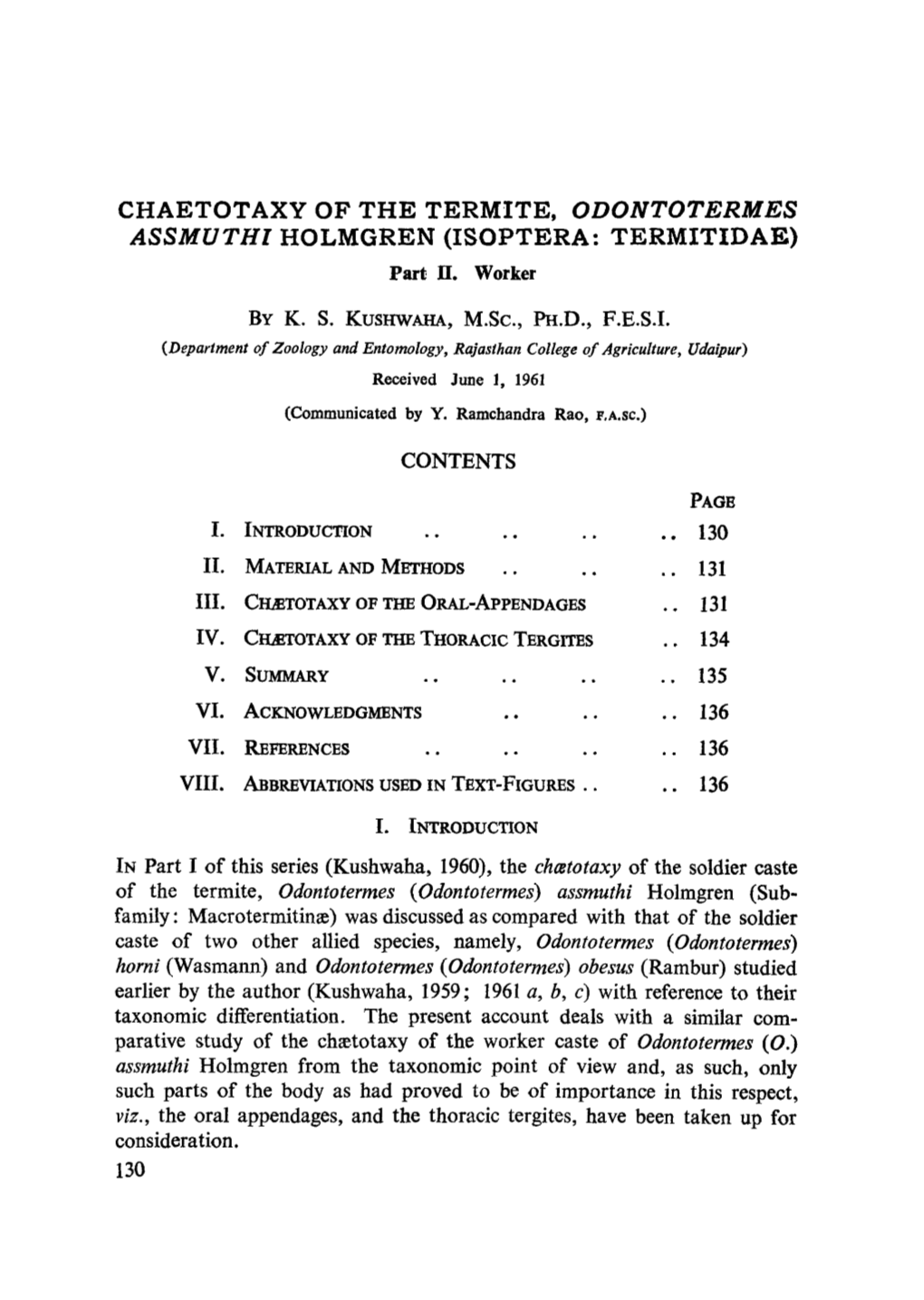 Odontotermes Assmuthi &lt;/Emphasis&gt; Holmgren (Isoptera: T