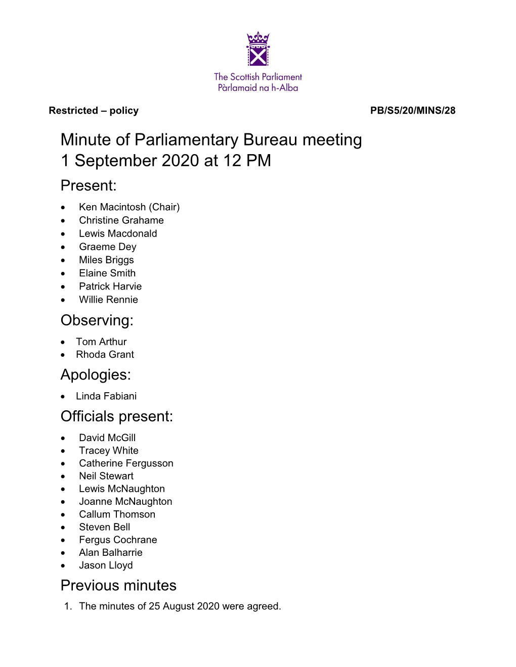 Minute of Parliamentary Bureau Meeting 1 September 2020 at 12 PM