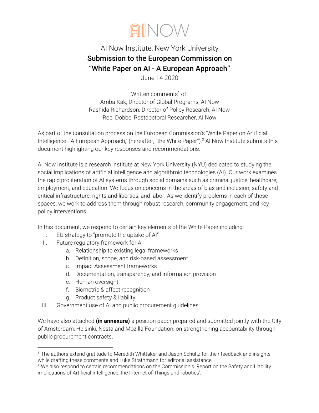 White Paper on AI - a European Approach” June 14 2020