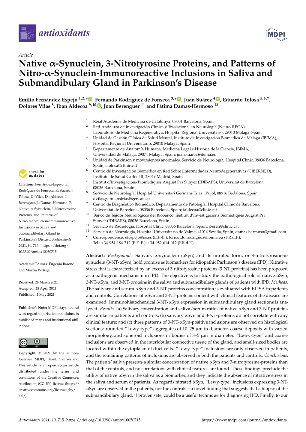 Native -Synuclein, 3-Nitrotyrosine Proteins, and Patterns of Nitro–Synuclein-Immunoreactive Inclusions in Saliva and Submandib