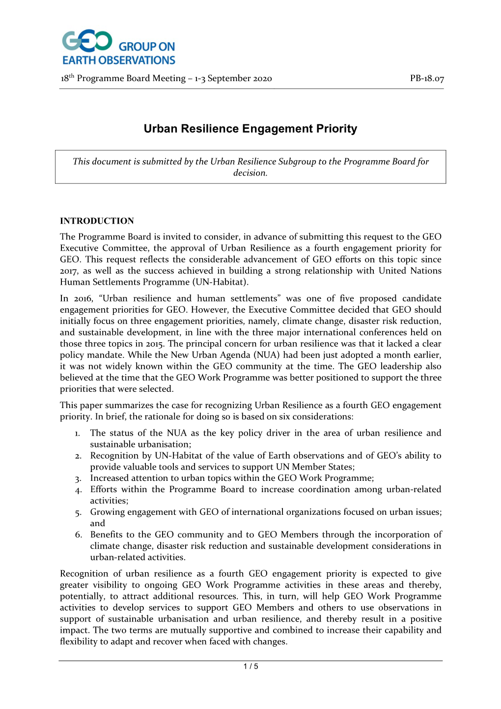 Urban Resilience Engagement Priority