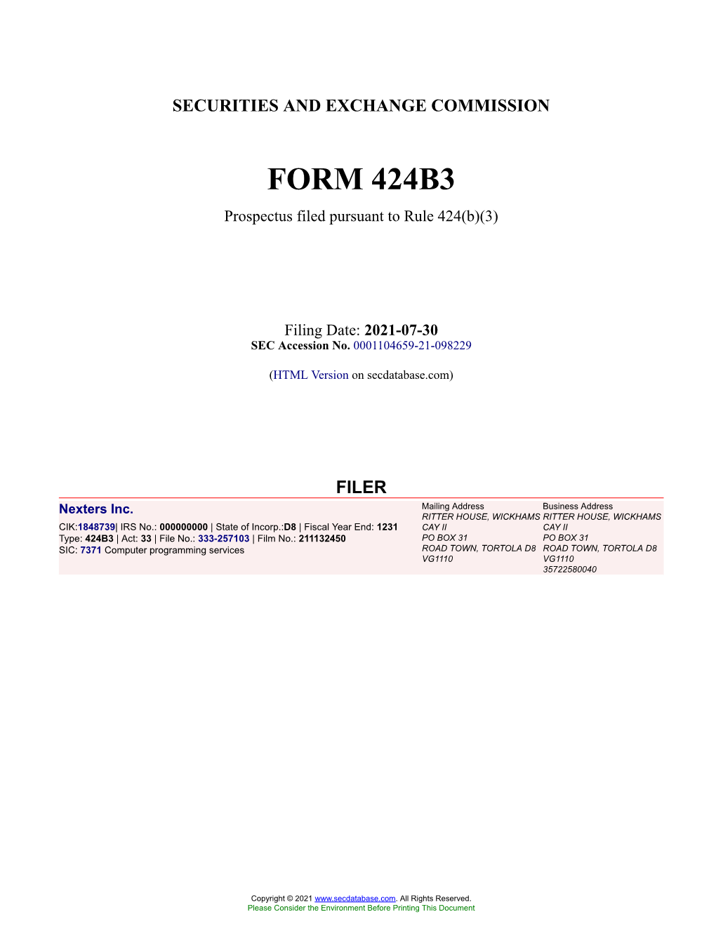 Nexters Inc. Form 424B3 Filed 2021-07-30