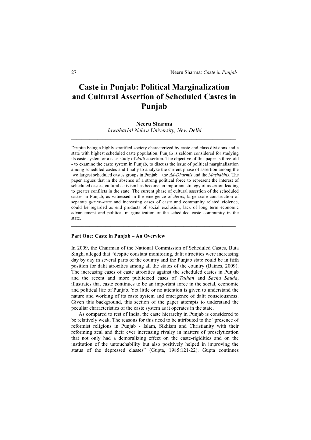 Caste in Punjab: Political Marginalization and Cultural Assertion of Scheduled Castes in Punjab