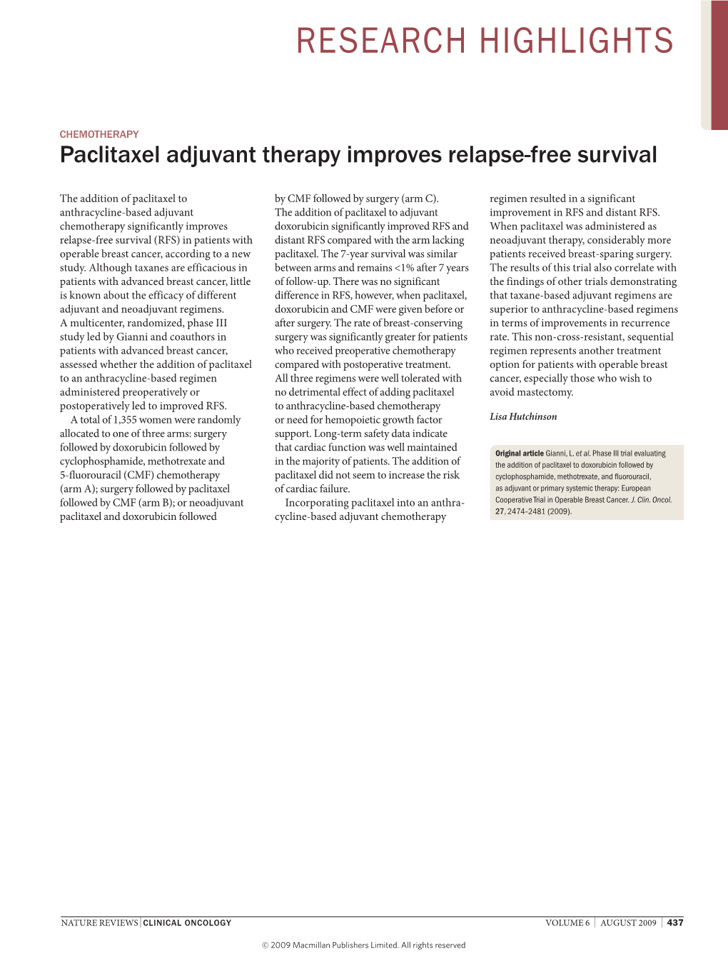 Chemotherapy Paclitaxel Adjuvant Therapy Improves Relapse-Free Survival the Addition of Paclitaxel to by Cmf Followed by Surgery (Arm C)