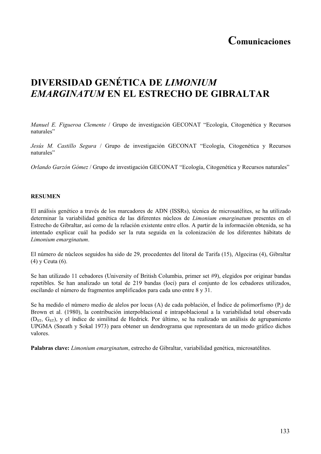 Diversidad Genética De Limonium Emarginatum En El Estrecho De Gibraltar
