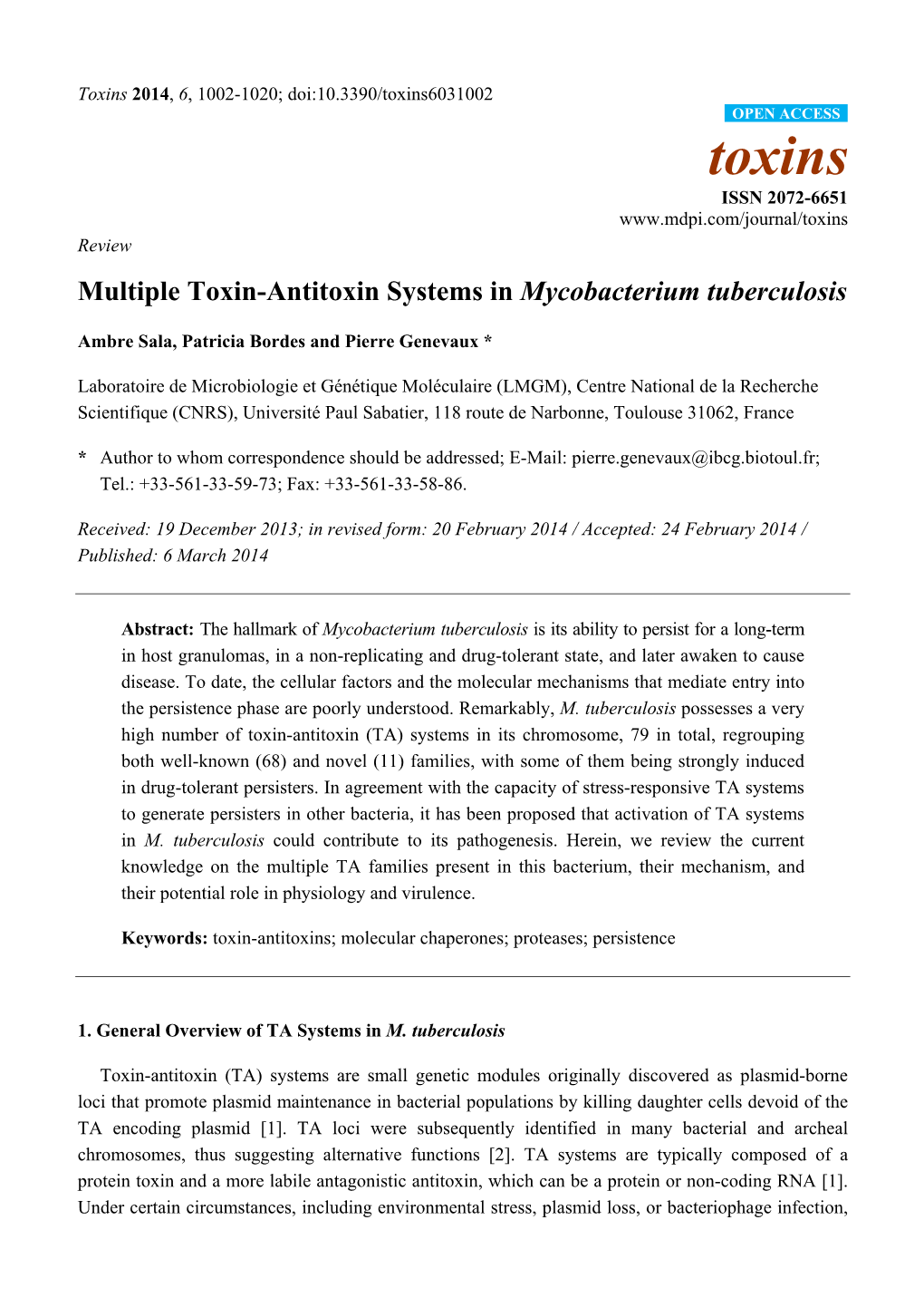 Multiple Toxin-Antitoxin Systems in Mycobacterium Tuberculosis
