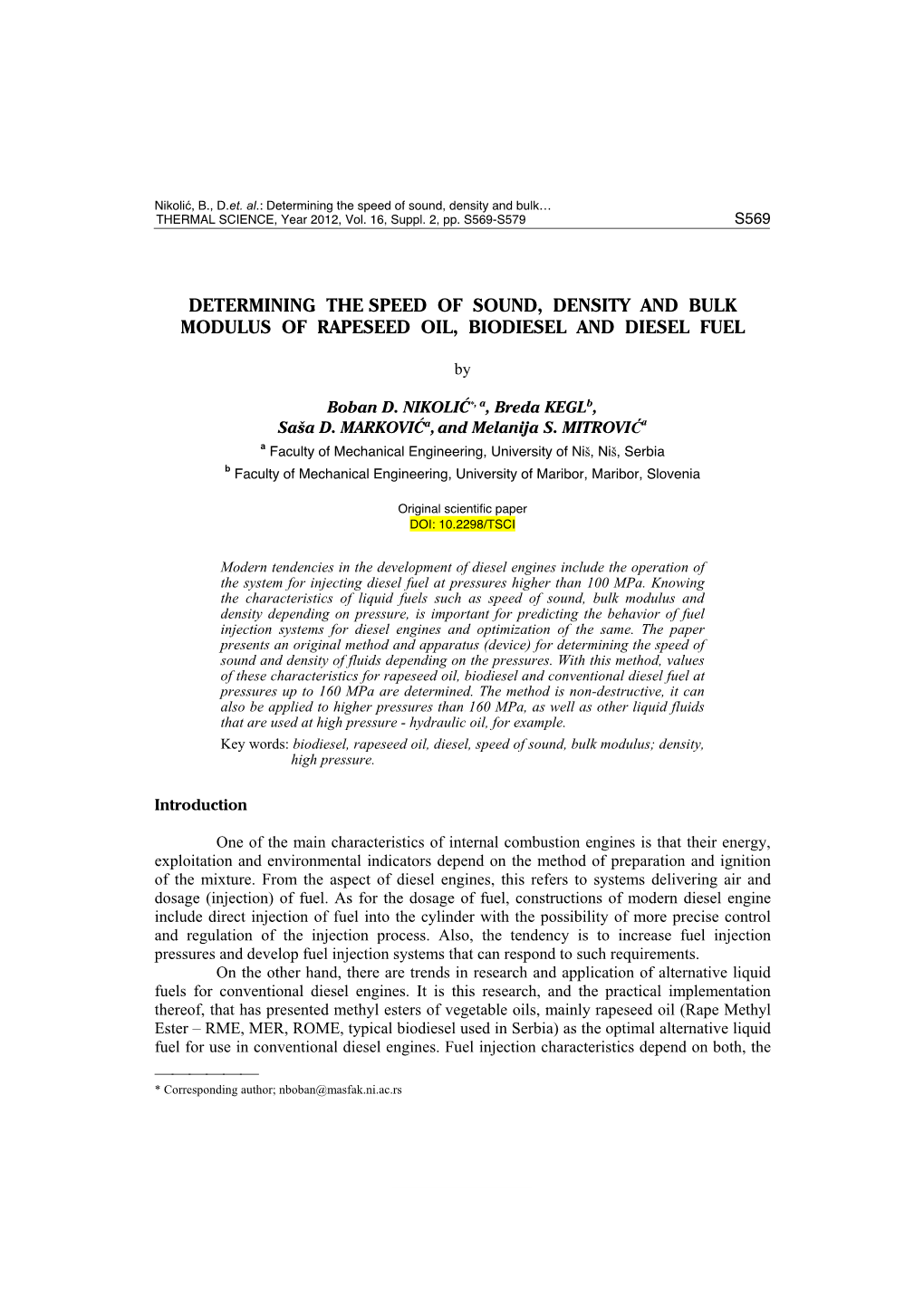 Determining the Speed of Sound, Density and Bulk Modulus of Rapeseed Oil, Biodiesel and Diesel Fuel