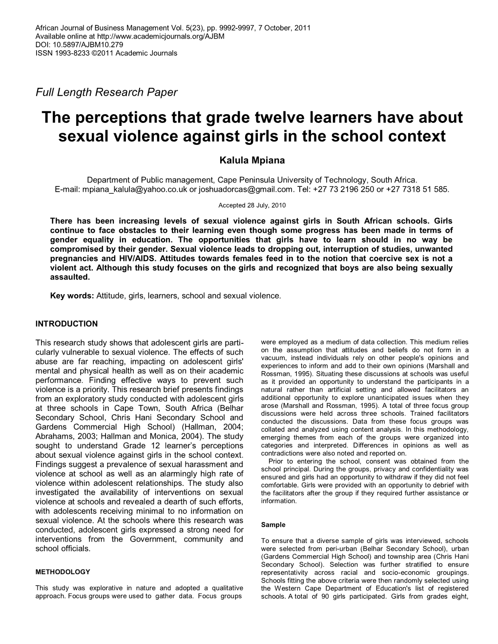 The Perceptions That Grade Twelve Learners Have About Sexual Violence Against Girls in the School Context