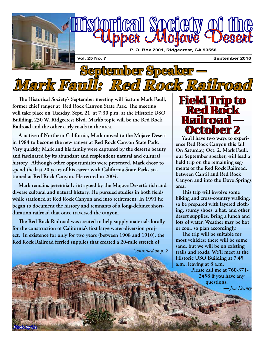 Red Rock Railroad the Historical Society’S September Meeting Will Feature Mark Faull, Former Chief Ranger at Red Rock Canyon State Park