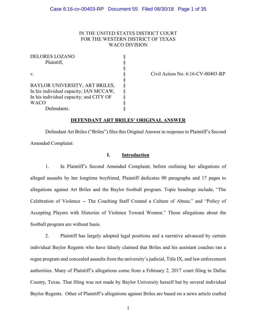 Defendant Art Briles' Original Answer Filed 8-30-18.Pdf