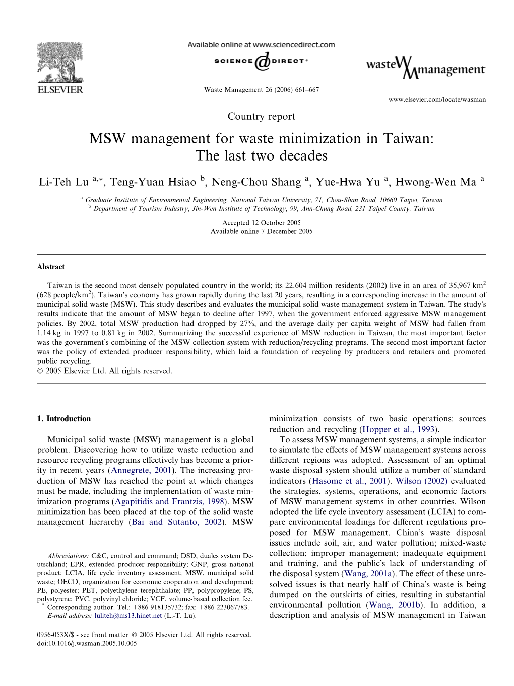 MSW Management for Waste Minimization in Taiwan: the Last Two Decades