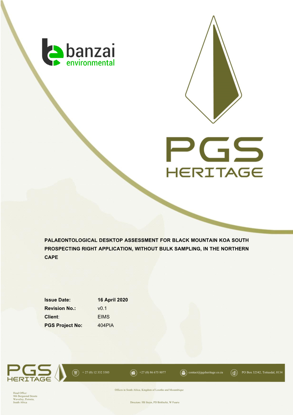 Palaeontological Desktop Assessment for Black Mountain Koa South Prospecting Right Application, Without Bulk Sampling, in the Northern Cape