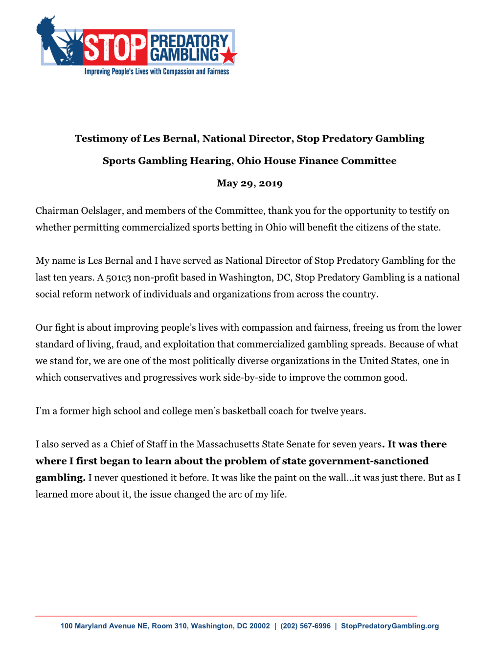 Testimony of Les Bernal, National Director, Stop Predatory Gambling