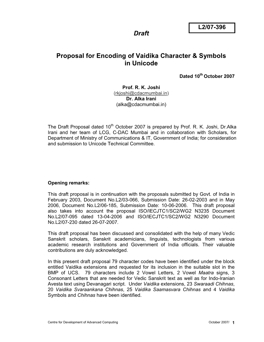 Draft Proposal for Encoding of Vaidika Character & Symbols in Unicode