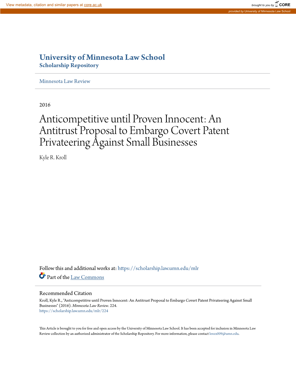 An Antitrust Proposal to Embargo Covert Patent Privateering Against Small Businesses Kyle R