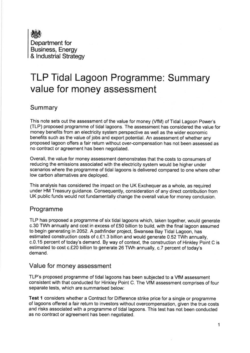 TLP Tidal Lagoon Programme: Summary Value for Money Assessment