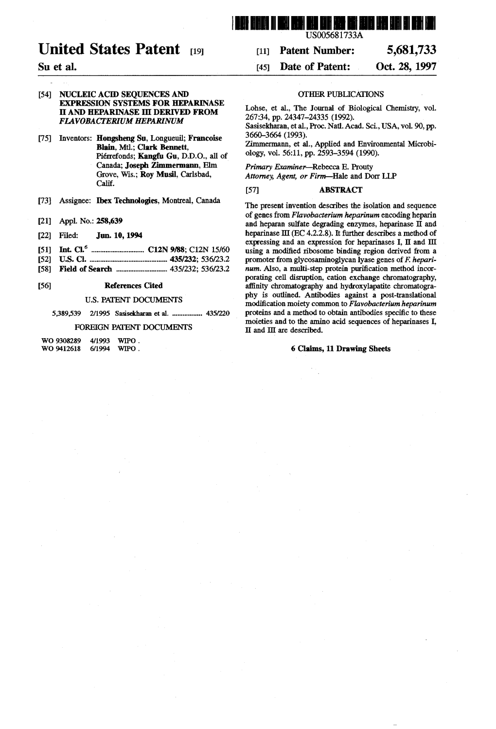 United States Patent 19 (11 Patent Number: 5,681,733 Su Et Al