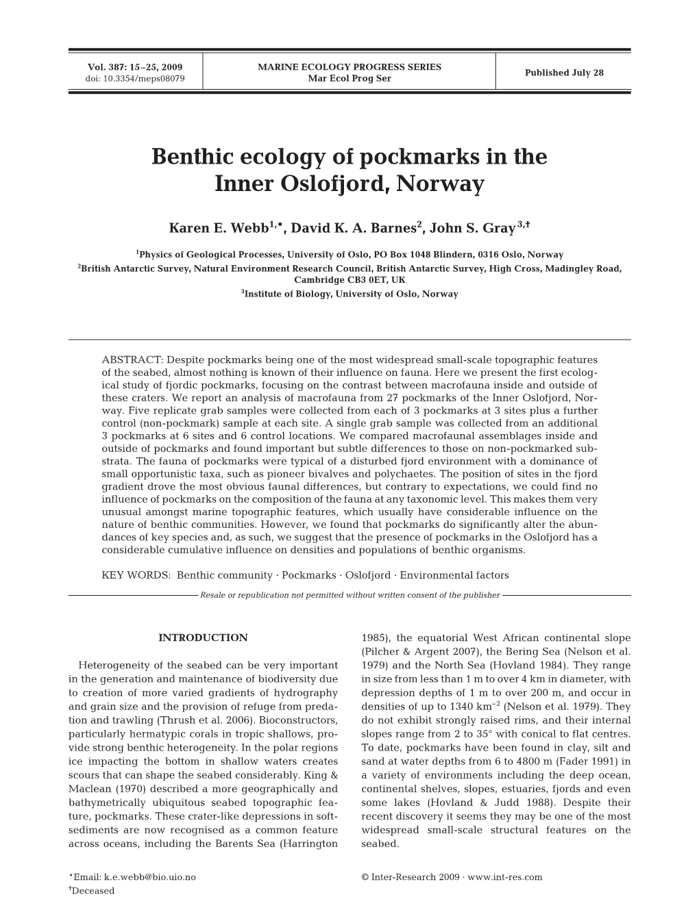 Benthic Ecology of Pockmarks in the Inner Oslofjord, Norway