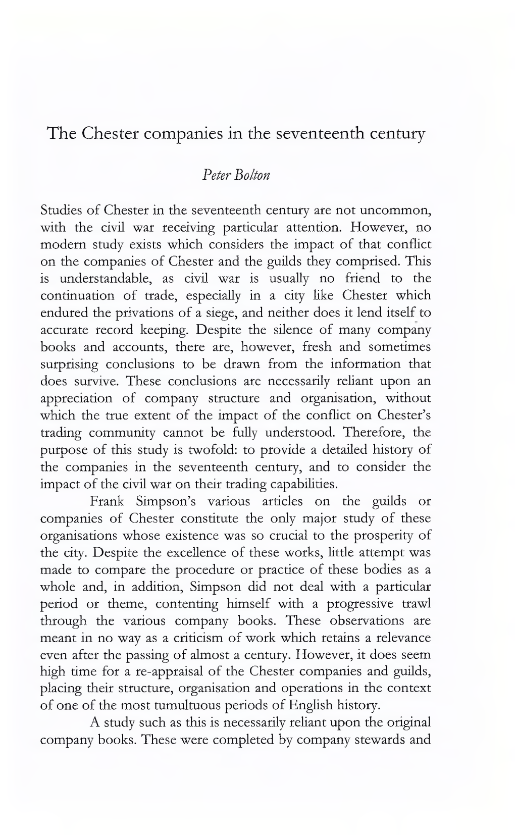 The Chester Companies in the Seventeenth Century