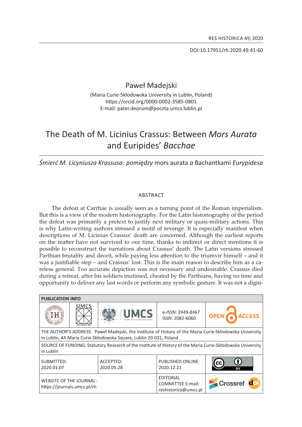 The Death of M. Licinius Crassus: Between Mors Aurata and Euripides’ Bacchae