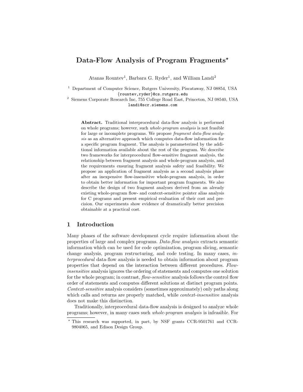 Data-Flow Analysis of Program Fragments*