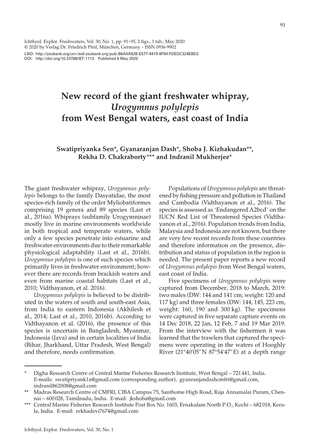 New Record of the Giant Freshwater Whipray, Urogymnus Polylepis from West Bengal Waters, East Coast of India