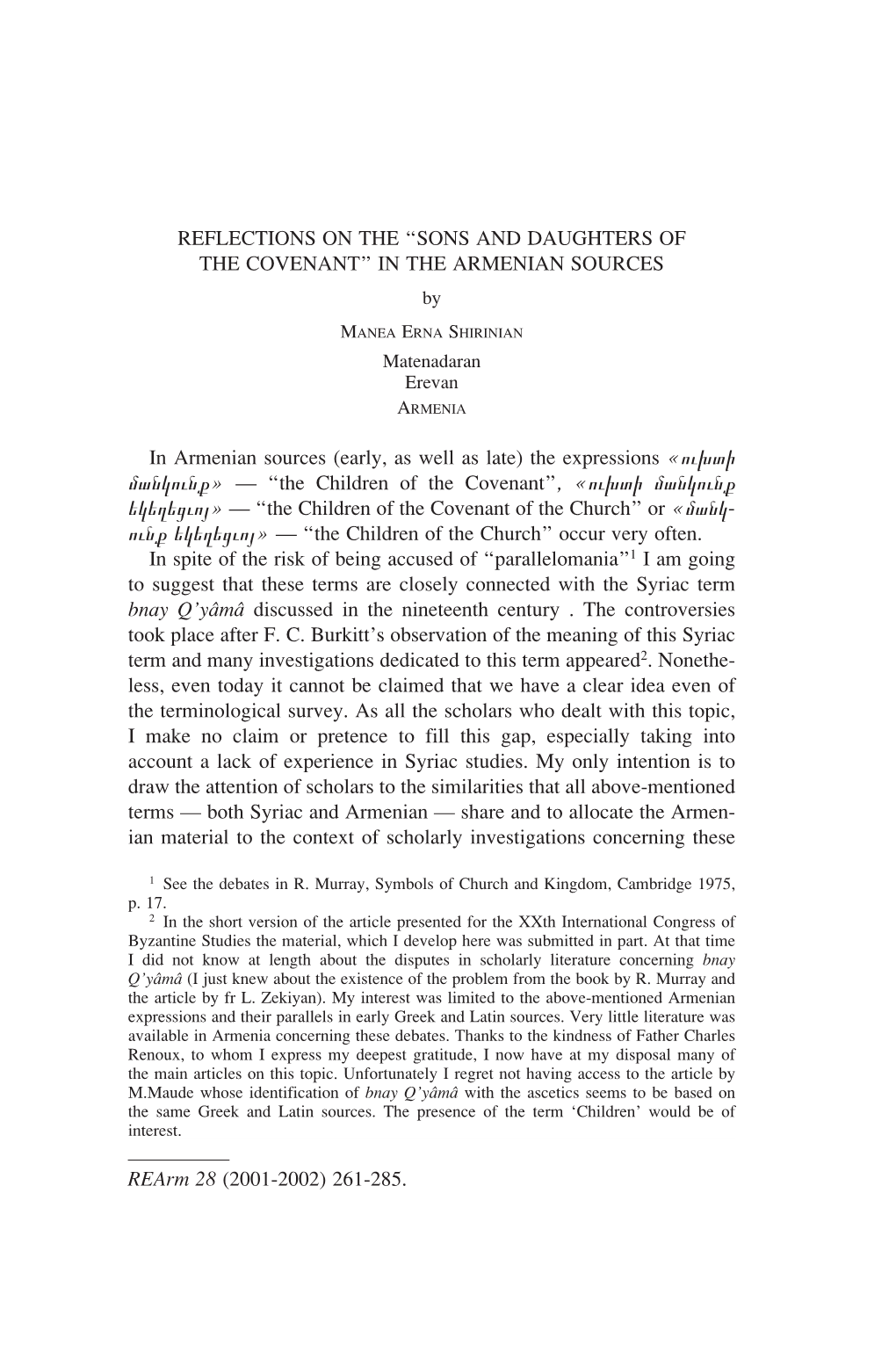 REFLECTIONS on the “SONS and DAUGHTERS of the COVENANT” in the ARMENIAN SOURCES in Armenian Sources (Early, As Well As Late)