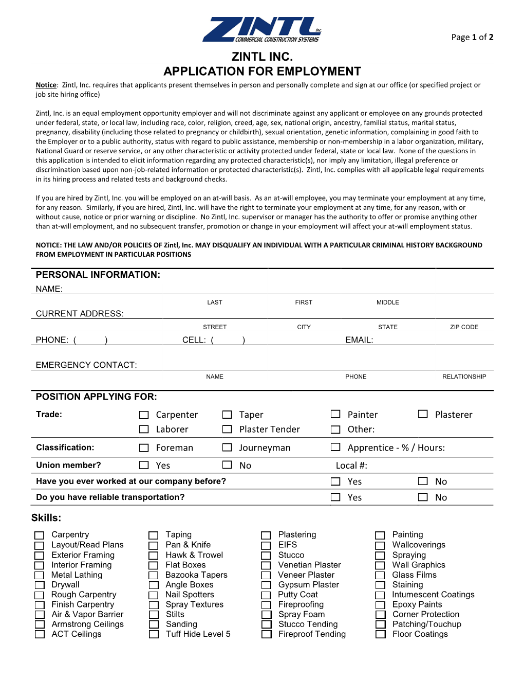 Zintl Inc. Application for Employment