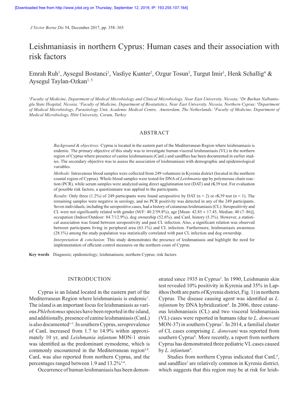 Leishmaniasis in Northern Cyprus: Human Cases and Their Association with Risk Factors