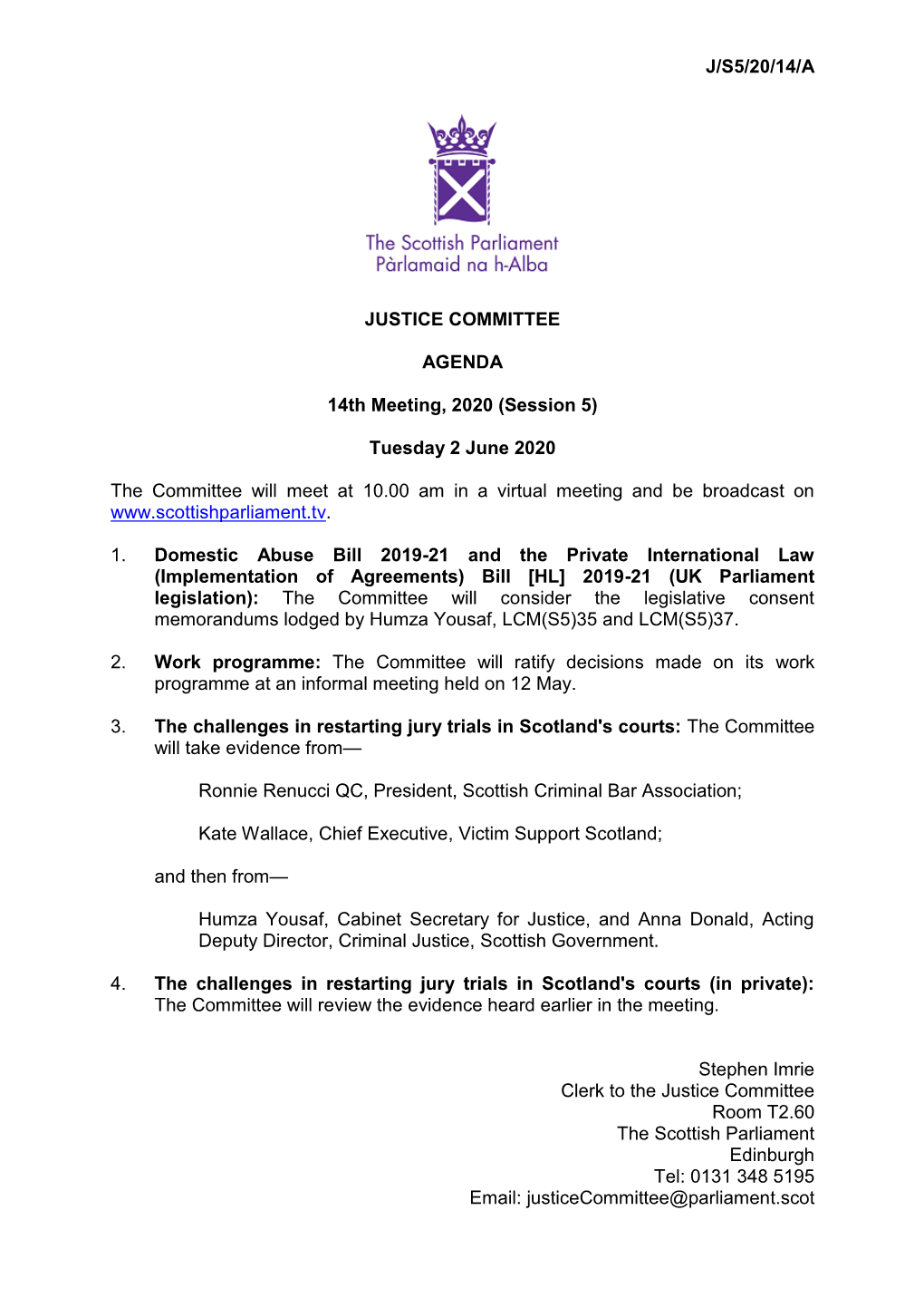 J/S5/20/14/A JUSTICE COMMITTEE AGENDA 14Th