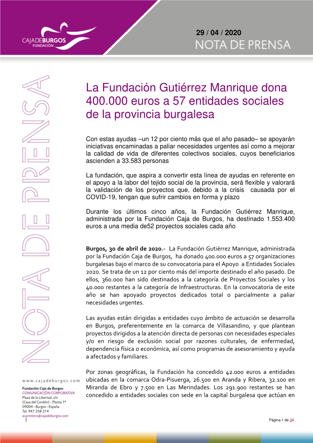 La Fundación Gutiérrez Manrique Dona 400.000 Euros a 57 Entidades Sociales De La Provincia Burgalesa