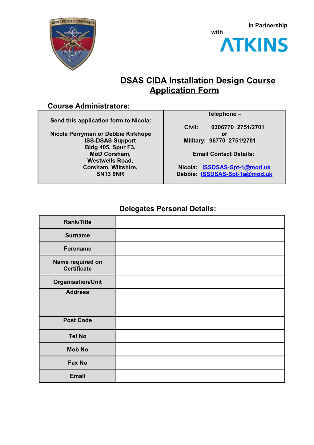 Defence Installation Design Course Application Form