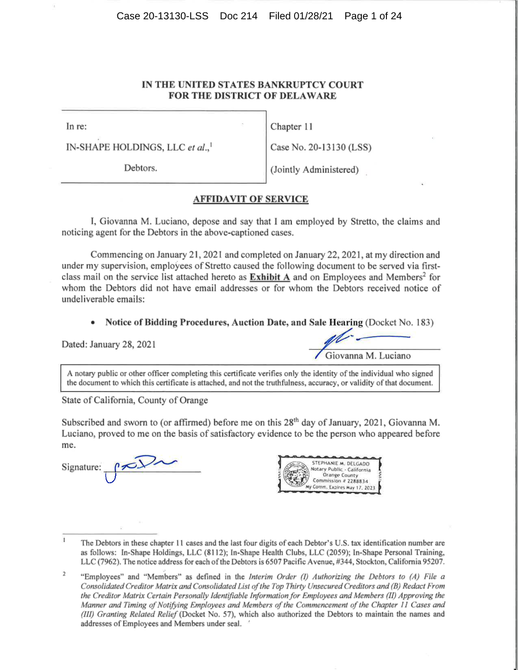 Case 20-13130-LSS Doc 214 Filed 01/28/21 Page 1 of 24 Case 20-13130-LSS Doc 214 Filed 01/28/21 Page 2 of 24