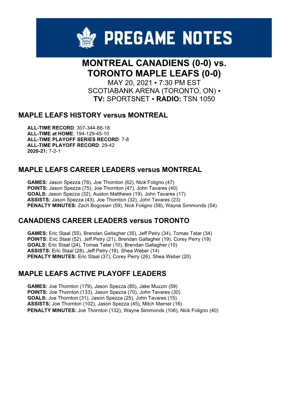 MONTREAL CANADIENS (0-0) Vs. TORONTO MAPLE LEAFS (0-0) MAY 20, 2021 ▪ 7:30 PM EST SCOTIABANK ARENA (TORONTO, ON) ▪ TV: SPORTSNET ▪ RADIO: TSN 1050